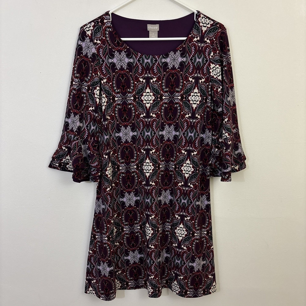 Chicos 1P Dress Maroon Purple Floral Geometric Flare‎ Bell Sleeve Stretch Brunch